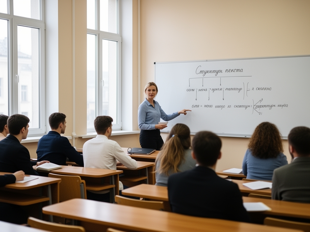 Преподаватель объясняет структуру текста на доске студентам в аудитории с большими окнами и деревянными партами
