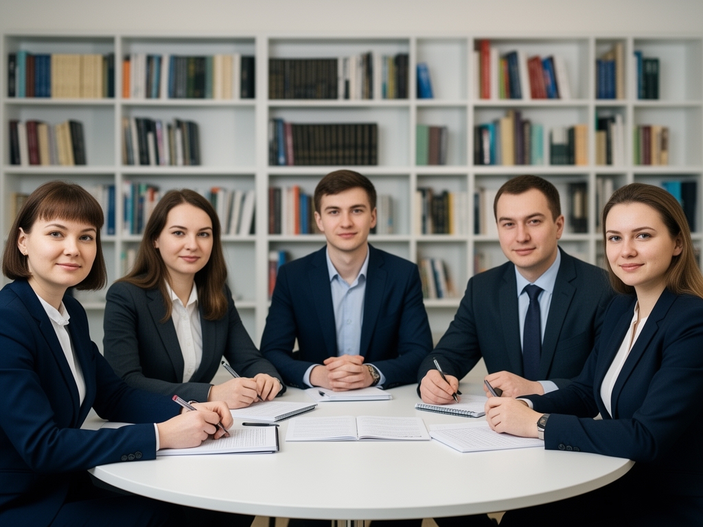 Группа преподавателей и студентов за круглым столом на воркшопе по письму в светлой аудитории с книжными полками