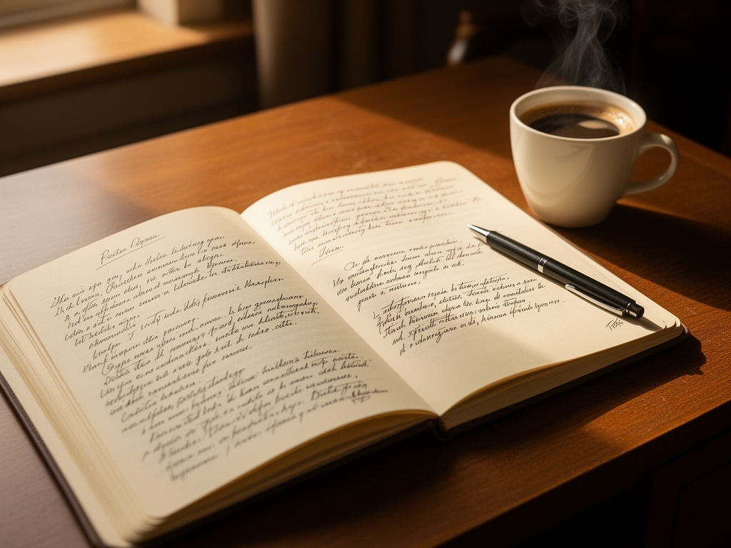 Раскрытый блокнот с авторскими заметками и чашкой кофе на рабочем столе писателя