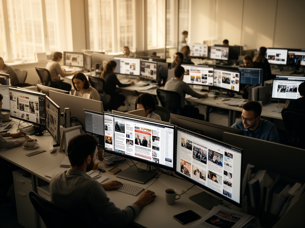Редакция новостного журнала с журналистами за мониторами, отражающими текстовые редакторы