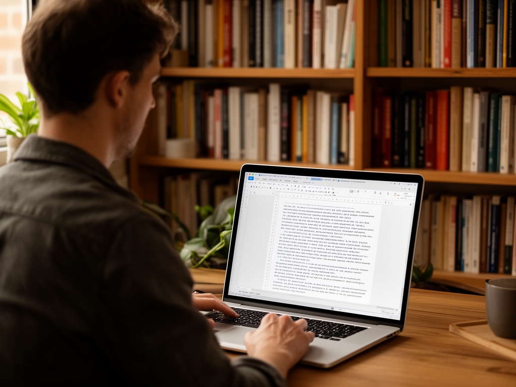 Редактор смотрит на экран ноутбука с открытым текстовым редактором в уютном домашнем офисе с книжными полками