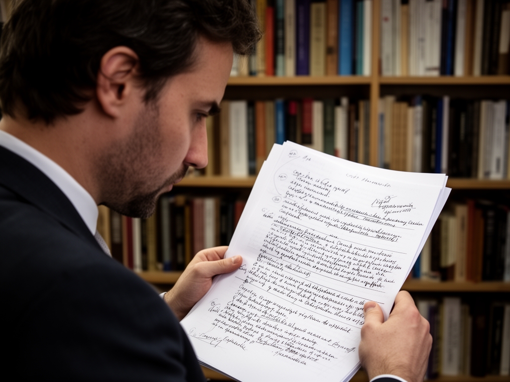 Журналист изучает распечатанный черновик с карандашными пометками на фоне книжных полок