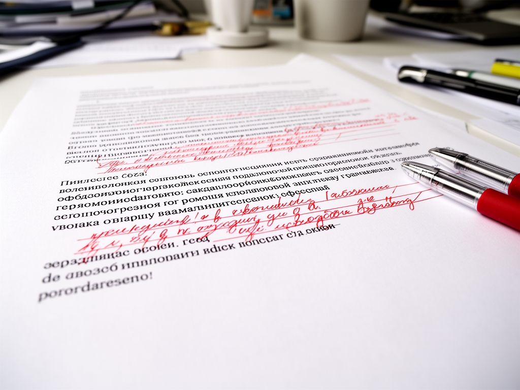 Крупный план напечатанного текста с красными правками ручкой на белой бумаге в редакционном офисе